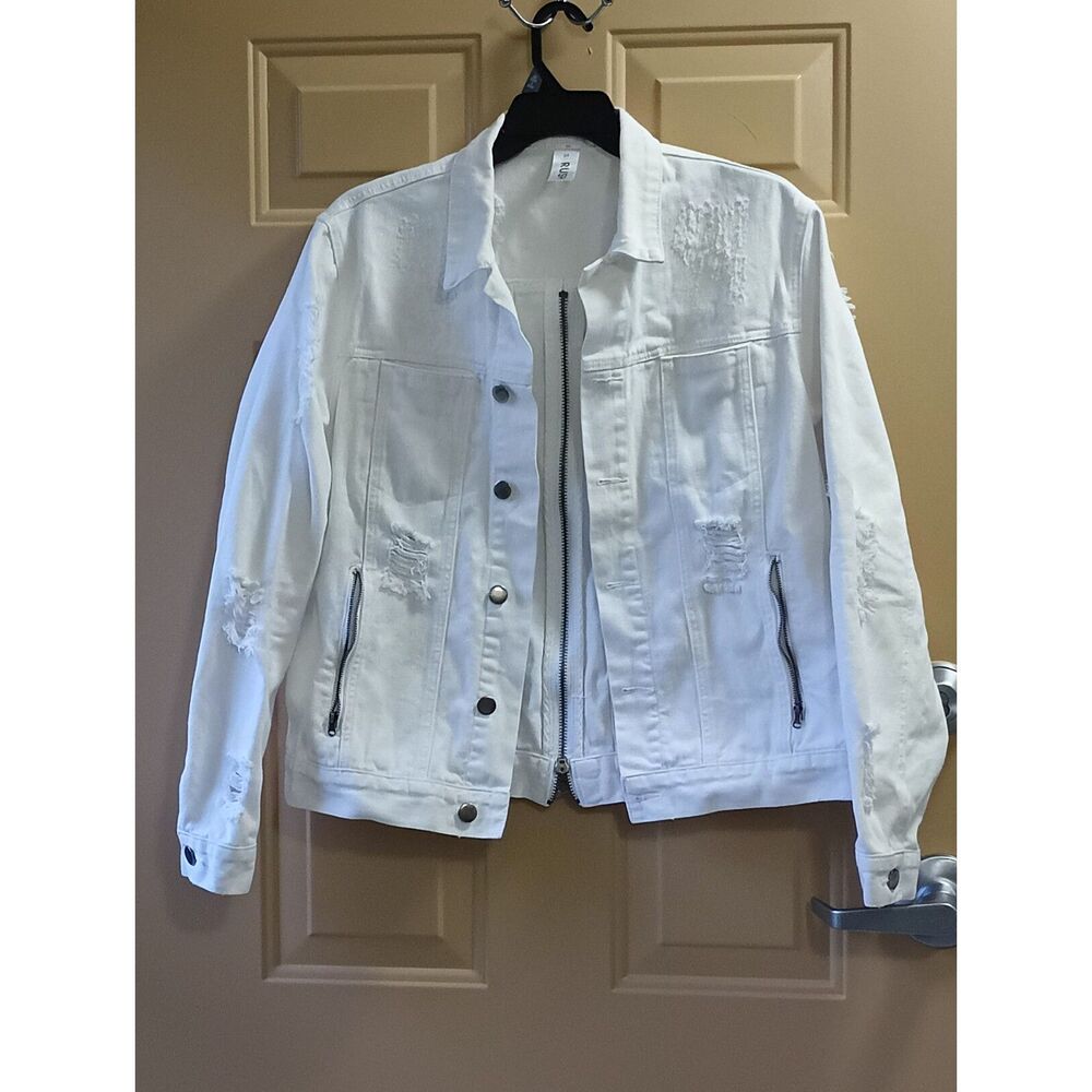 RUSH White Denim Utility Jacket, Distressed, Zipper Back, Medium